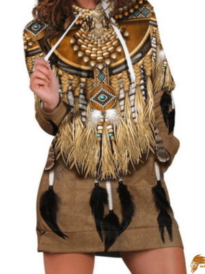 Traditional Native American Patterns Feathers Hoodie Dress