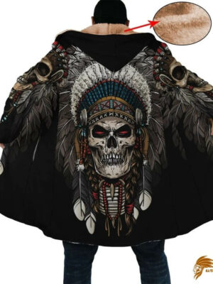 Traditional Skull Native Horn Button Long Fleece Windbreaker WCS