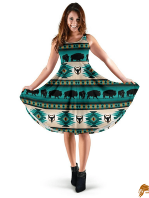 Trendy Print Green Running Bisons Native American 3D Dress