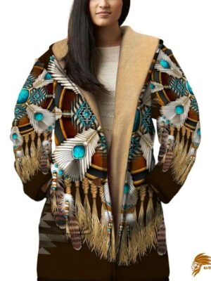 Vintage-Inspired Native American Dreamcatcher Pattern Horn Button Long Fleece Windbreaker