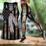 Vintage Native American Flag Feather Hollow Tank Top and Legging Set