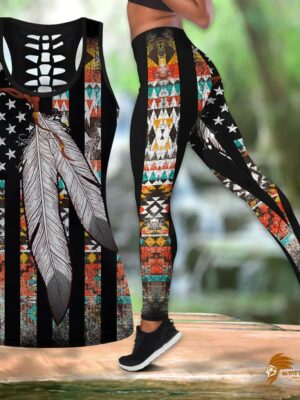 Vintage Native American Flag Feather Hollow Tank Top and Legging Set