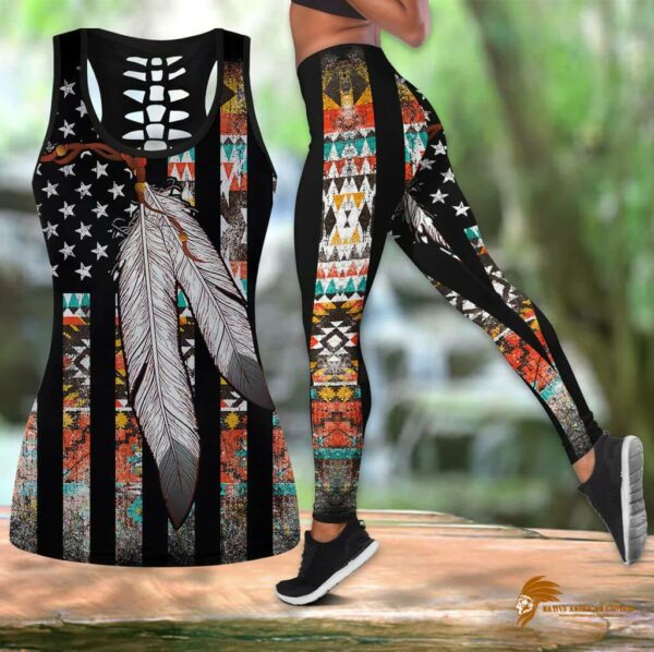 Vintage Native American Flag Feather Hollow Tank Top and Legging Set