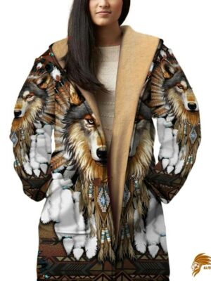 Wolf Dreamcatcher Patterned Horn Button Long Fleece Windbreaker