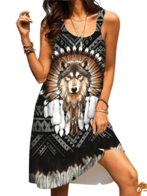 Wolf Print Native American Sleeveless Beach Dress