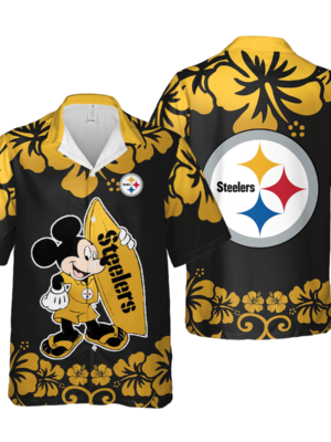 Sport-Team Pittsburgh Steelers Logo Mickey Holding A Surfboard Steelers Hawaiian Shirt - Perfect Gifts For Your Loved Ones