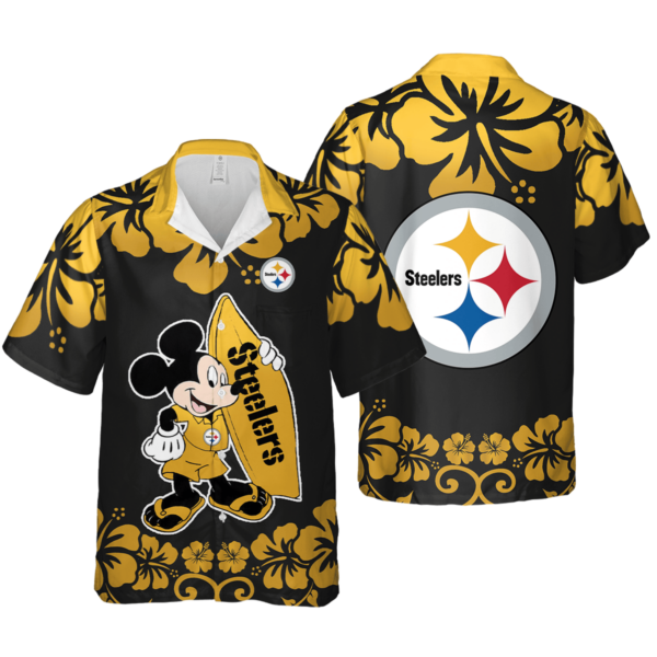 Sport-Team Pittsburgh Steelers Logo Mickey Holding A Surfboard Steelers Hawaiian Shirt - Perfect Gifts For Your Loved Ones