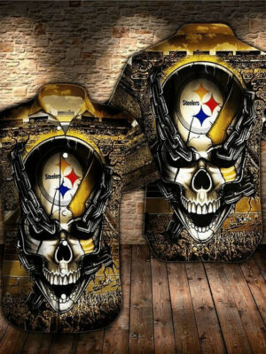 Sport-Team Pittsburgh Steelers Iron Skull Golden Black Hawaiian Shirt Summer Aloha Shirt