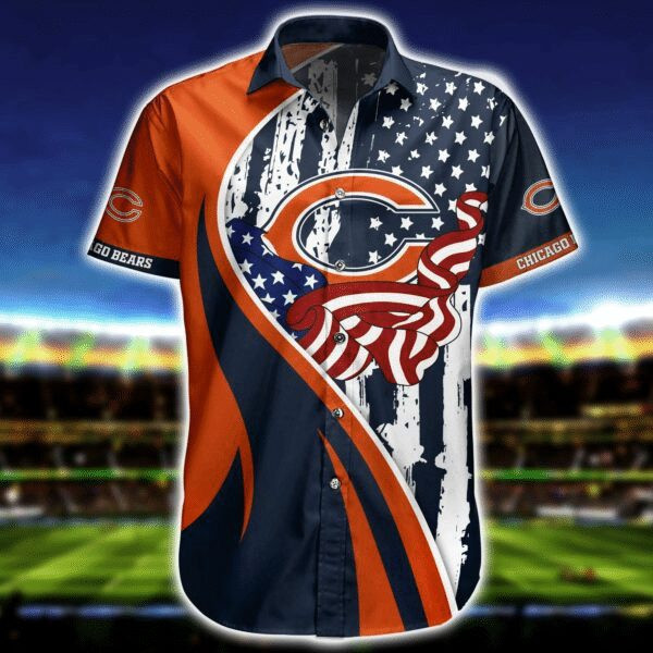 Sport-Team Chicago Bears Stars In Orange Dark Blue Hawaiian Shirt Summer Aloha Shirt