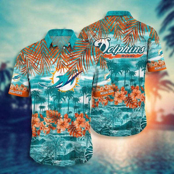 Sport-Team Miami Dolphins Aqua Orange Flowers Hawaiian Shirt Summer Aloha Shirt