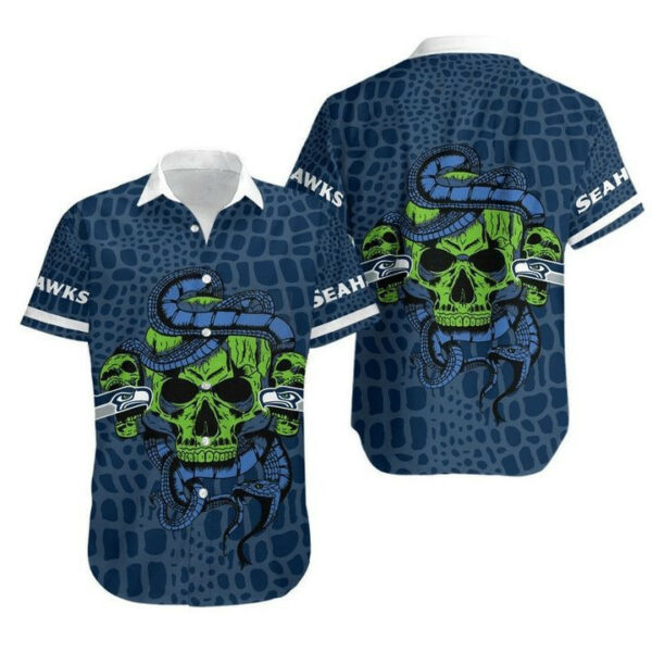 Sport-Team Seattle Seahawks Navy Green Skull Hawaiian Shirt Summer Aloha Shirt