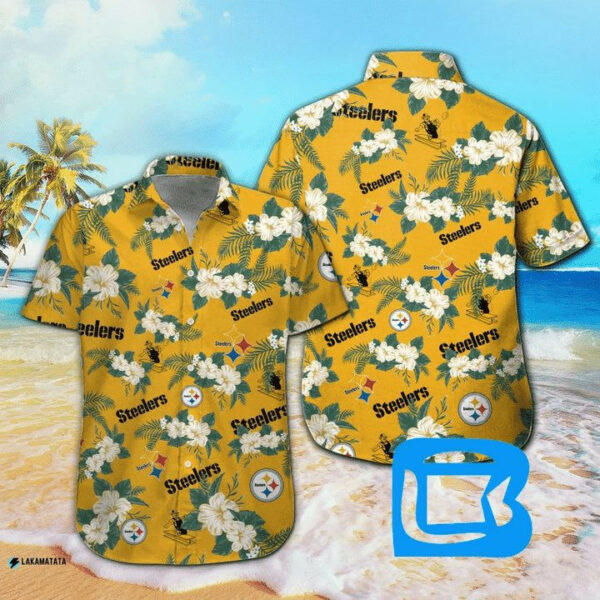 Sport-Team Pittsburgh Steelers White Big Flower In Golder Background Hawaiian Shirt Summer Aloha Shirt