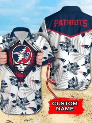 Sport-Team New England Patriots Custom Name Flower Skull Hawaiian Shirt Sport Team Aloha Shirt