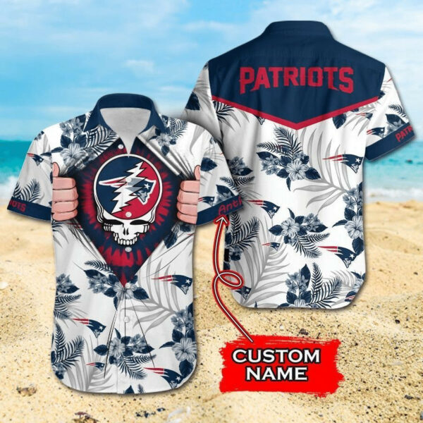 Sport-Team New England Patriots Custom Name Flower Skull Hawaiian Shirt Sport Team Aloha Shirt