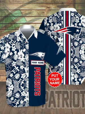 Sport-Team New England Patriots Custom Name White Flower Navy Hawaiian Shirt Sport Team Aloha Shirt