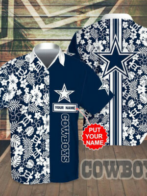 Sport-Team Dallas Cowboys Custom Name White Flower Blue Hawaiian Shirt Sport Team Aloha Shirt