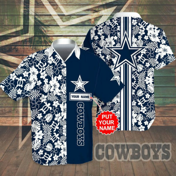 Sport-Team Dallas Cowboys Custom Name White Flower Blue Hawaiian Shirt Sport Team Aloha Shirt