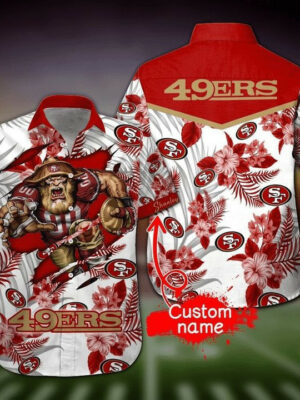 Sport-Team San Francisco 49ers Custom Name Red Flower White Fashhion Hawaiian Shirt Sport Team Aloha Shirt