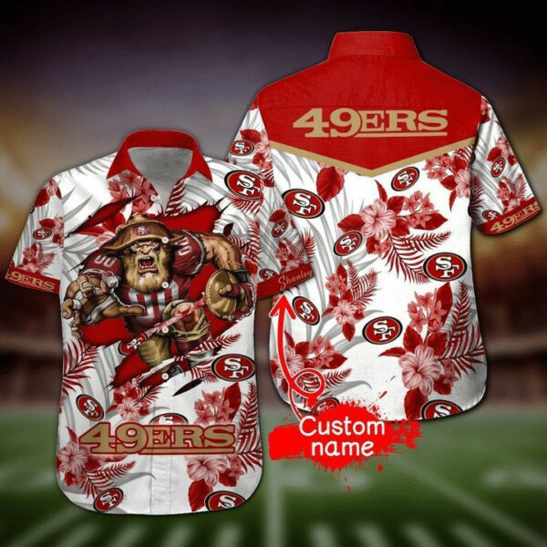 Sport-Team San Francisco 49ers Custom Name Red Flower White Fashhion Hawaiian Shirt Sport Team Aloha Shirt