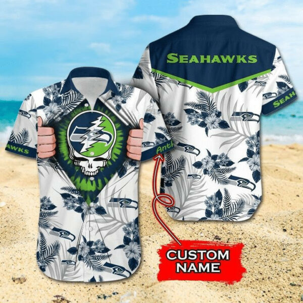 Sport-Team Seattle Seahawks Custom Name Skull White Hawaiian Shirt Sport Team Aloha Shirt
