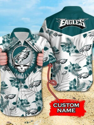 Sport-Team Philadelphia Eagles Custom Name Flower Skull Hawaiian Shirt Sport Team Aloha Shirt