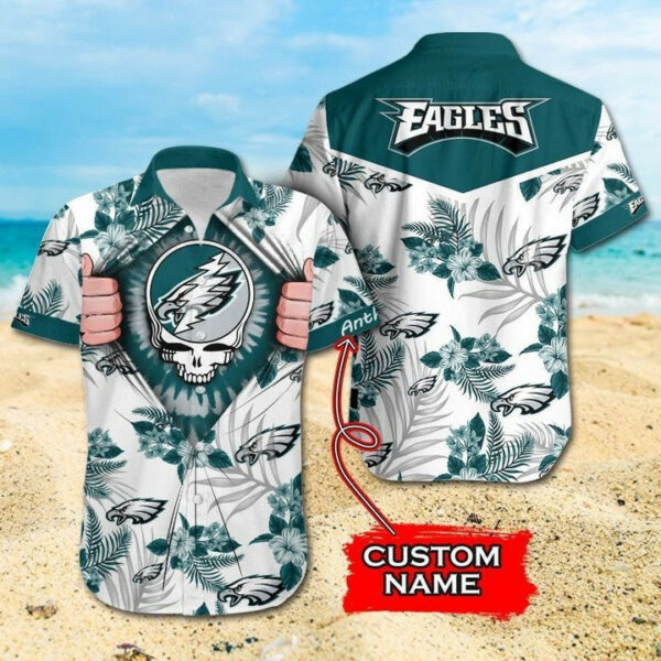 Sport-Team Philadelphia Eagles Custom Name Flower Skull Hawaiian Shirt Sport Team Aloha Shirt
