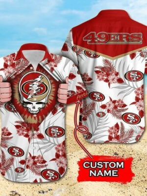 Sport-Team San Francisco 49ers Custom Name Red Tropical Flower Skull Hawaiian Shirt Sport Team Aloha Shirt