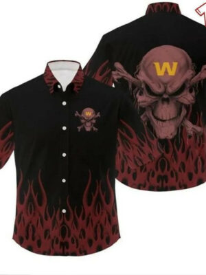Sport-Team Washington Commanders Brown Fire Black Skull Hawaiian Shirt Men Women Aloha Shirt