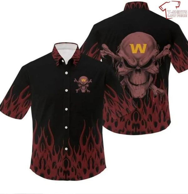 Sport-Team Washington Commanders Brown Fire Black Skull Hawaiian Shirt Men Women Aloha Shirt