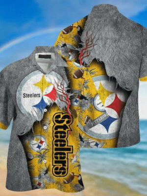 Sport-Team Pittsburgh Steelers Grey Golden Big Logo Hawaiian Shirt Men Women Aloha Shirt