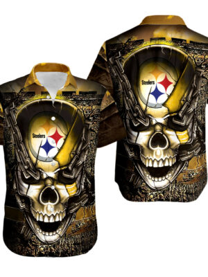 Sport-Team Pittsburgh Steelers Iron Skull Golden Black Hawaiian Shirt Men Women Aloha Shirt