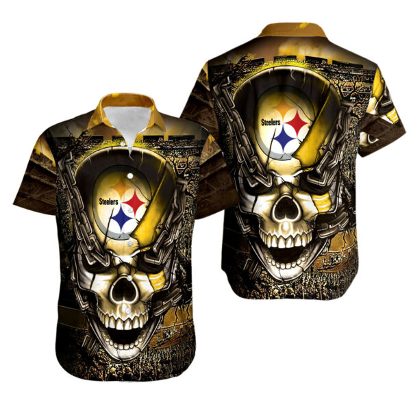 Sport-Team Pittsburgh Steelers Iron Skull Golden Black Hawaiian Shirt Men Women Aloha Shirt