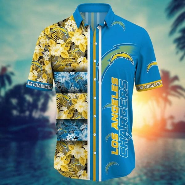 Sport-Team Los Angeles Chargers Gold Flowers Blue Hawaiian Shirt Men Women Aloha Shirt