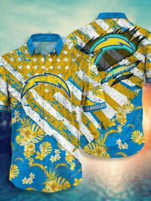 Sport-Team Los Angeles Chargers Gold Flowers Blue Hawaiian Shirt V2 Men Women Aloha Shirt