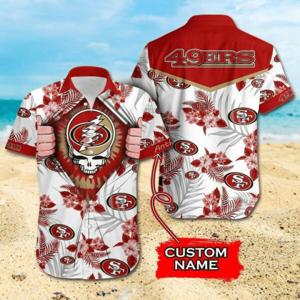 Sport-Team San Francisco 49ers Custom Name Red Tropical Flower Skull Hawaiian Shirt Men Women Aloha Shirt