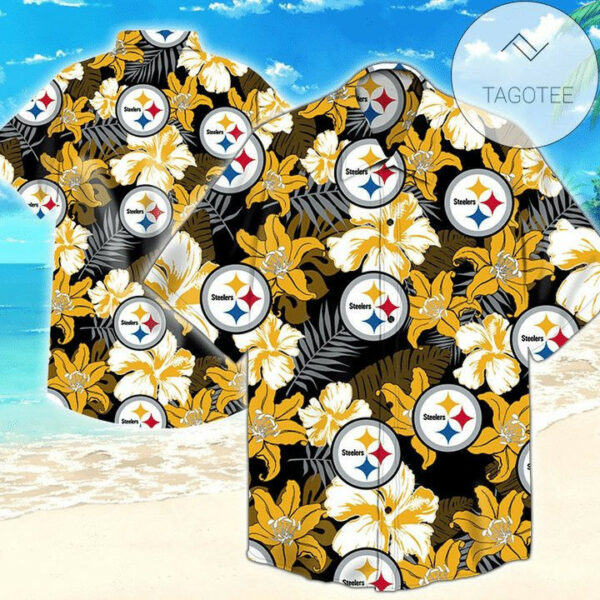 Sport-Team Pittsburgh Steelers Golden Flower Grey Leaf Hawaiian Shirt Men Women Aloha Shirt
