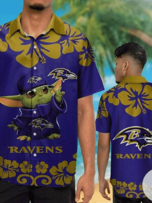 Sport-Team Baltimore Ravens Baby Yoda Purple Hawaiian Shirt Men Women Aloha Shirt