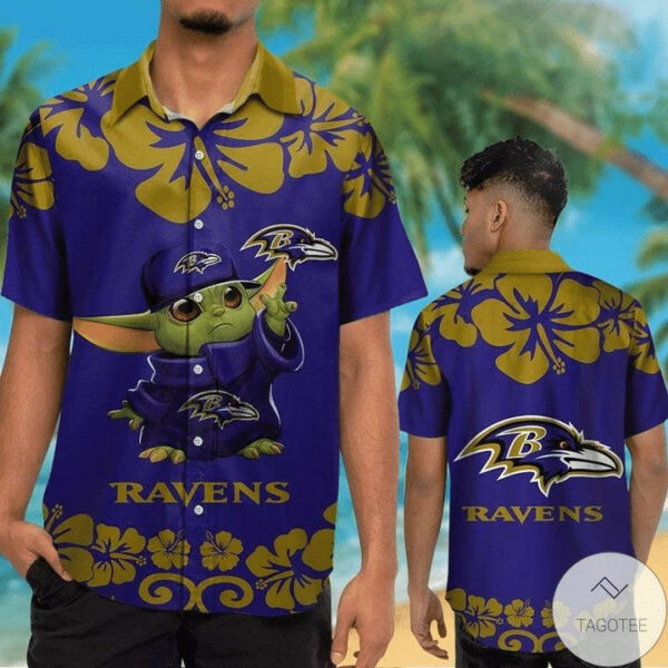 Sport-Team Baltimore Ravens Baby Yoda Purple Hawaiian Shirt Men Women Aloha Shirt