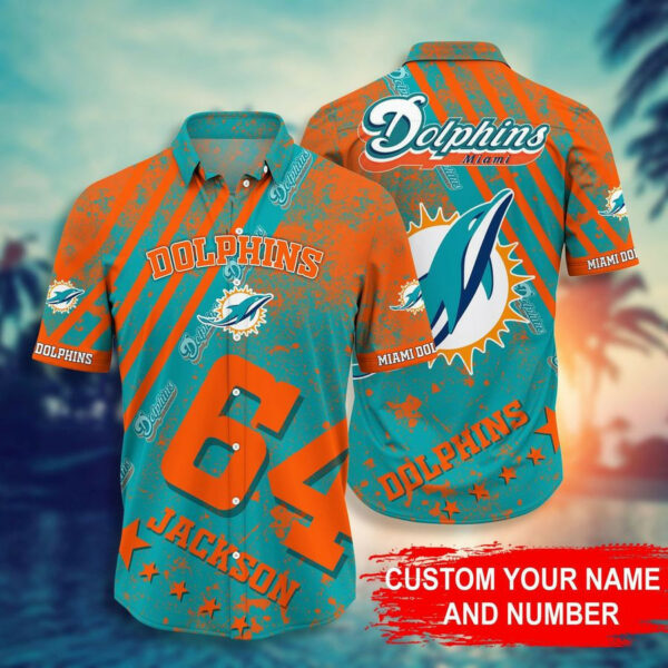 Sport-Team Miami Dolphins Custom Name Number Aqua Orange Hawaiian Shirt Men Women Aloha Shirt
