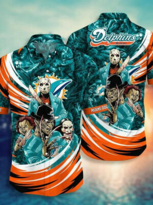 Sport-Team Miami Dolphins Halloween Aqua Orange Hawaiian Shirt Men Women Aloha Shirt
