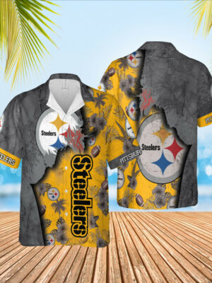 Sport-Team Pittsburgh Steelers Logo Grey Golden Hawaiian Shirt - Perfect Gifts For Your Loved Ones